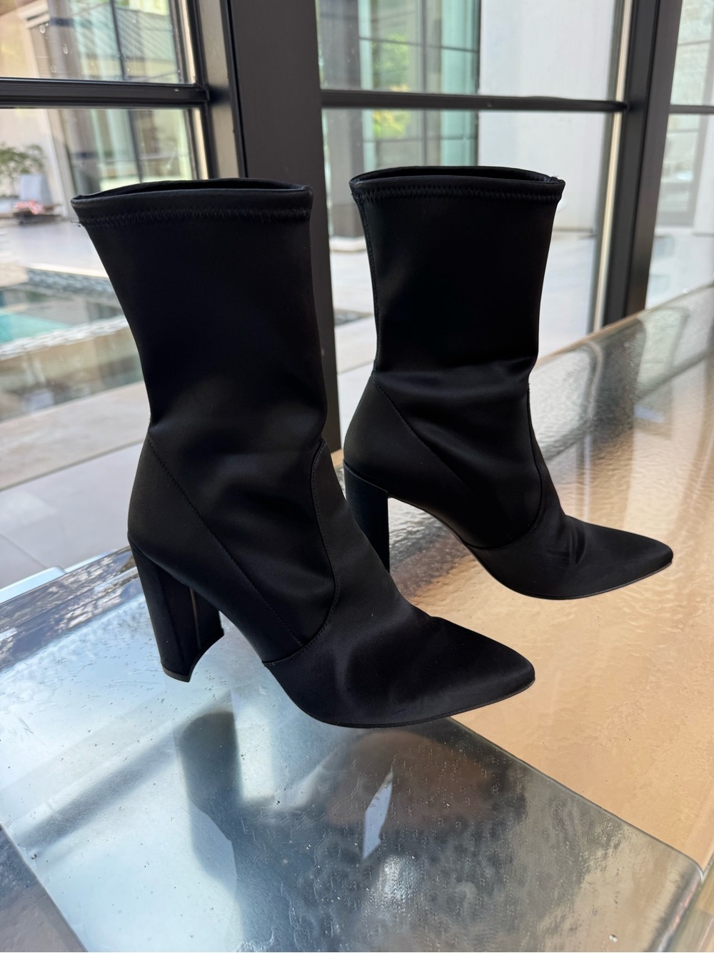 Stuart Weitzman Black Pointed-Toe Stretch Sock Block Heel Boots